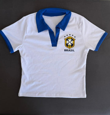 Polo Feminina Cropped Brasil - Branca com Azul